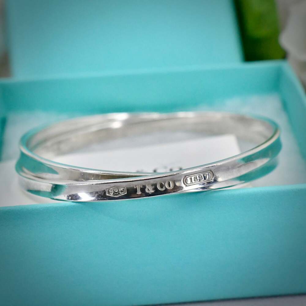Tiffany & Co 1837 Interlocking Double Bangle Bracelet 925 Silver 41.4g Box